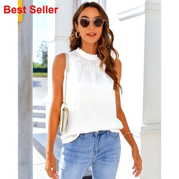 Silk Satin Tank Top Ruffle Neck Business Casual Sleeveless Blouse - Picture 2 of 7